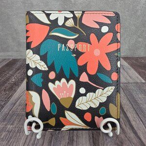 Fossil Passport Holder Wallet Colorful Floral Black Leather Travel This &That